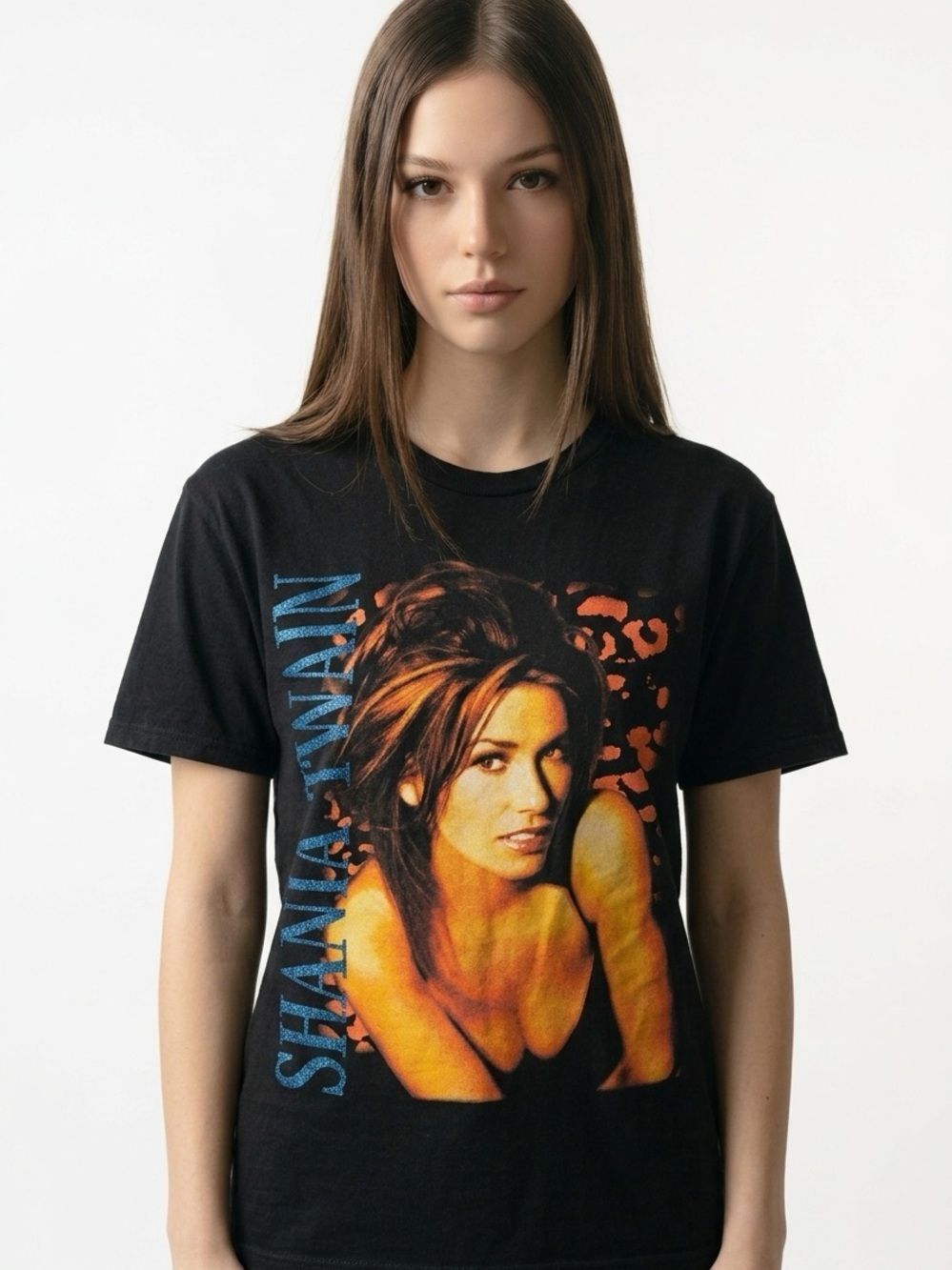 SHANIA TWAIN | Short Sleeve Graphic Black Tee Glitter & Leopard Women’s Size S